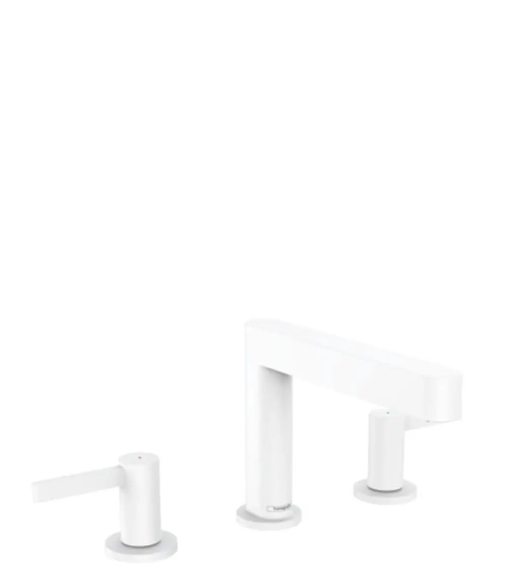 Weißes Waschtischarmatur-Set von Hansgrohe mit zwei Bedienhebeln und einem langen, geraden Auslauf, inklusive Push-Open Ablaufgarnitur.